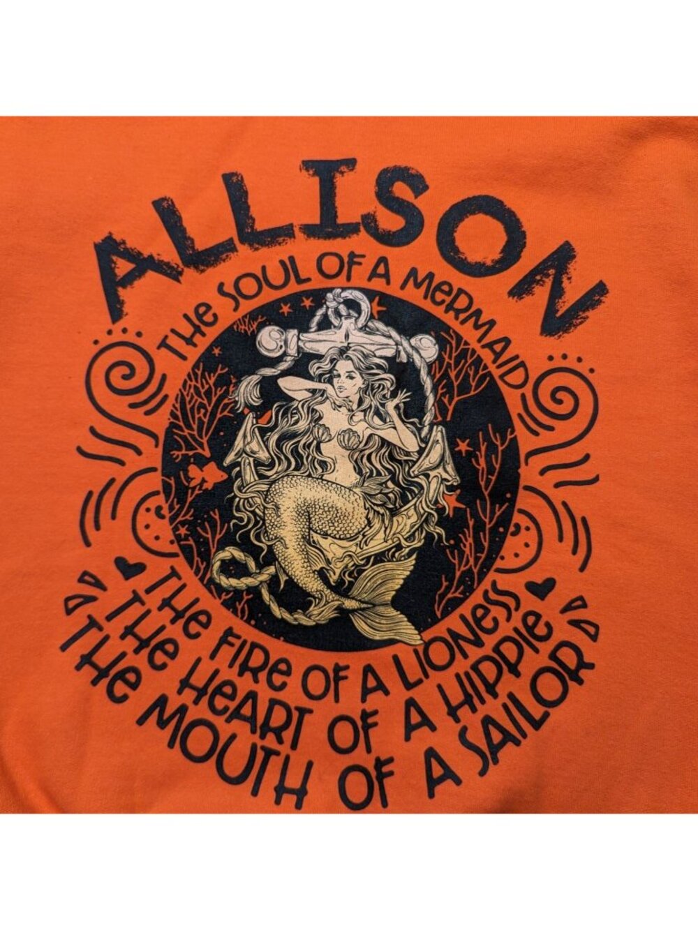 GILDAN Heavy Blend long sleeve Orange Black ALLISON Mermaid Sweatshirt Size M - Picture 4 of 8